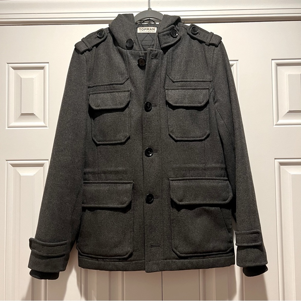 Topman Winter Wool Coat Jacket, Hooded, Size Small
